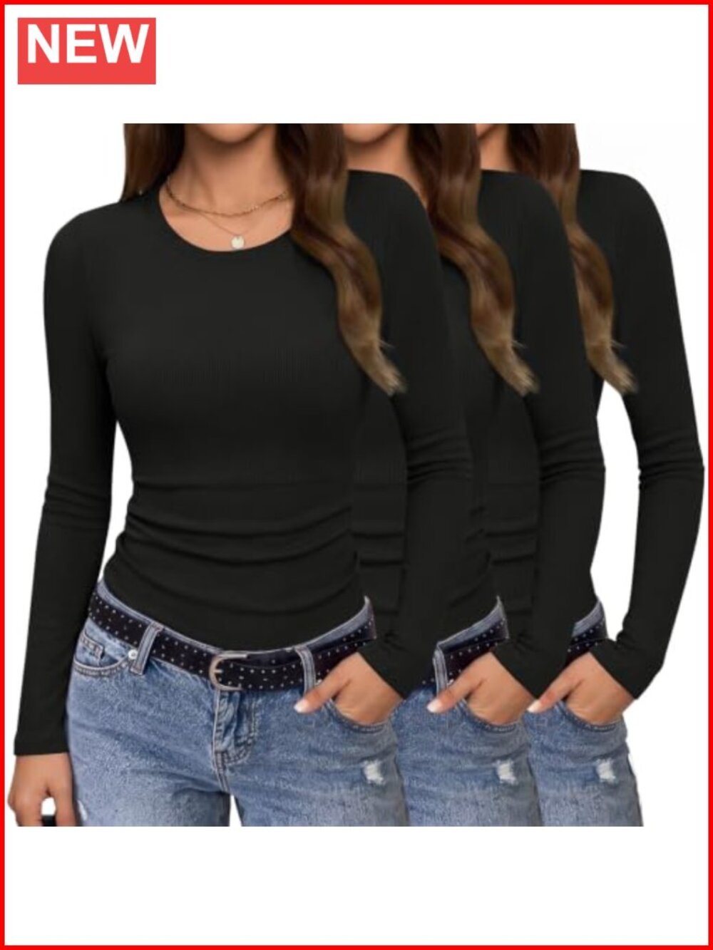 3 Pack Womens Long Sleeve Ribbed Crew Neck Slim Fit Layering T-Shirts
